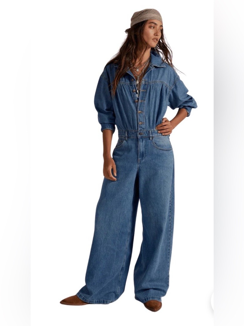 BNWT free people carpe down denim jumpsuit.